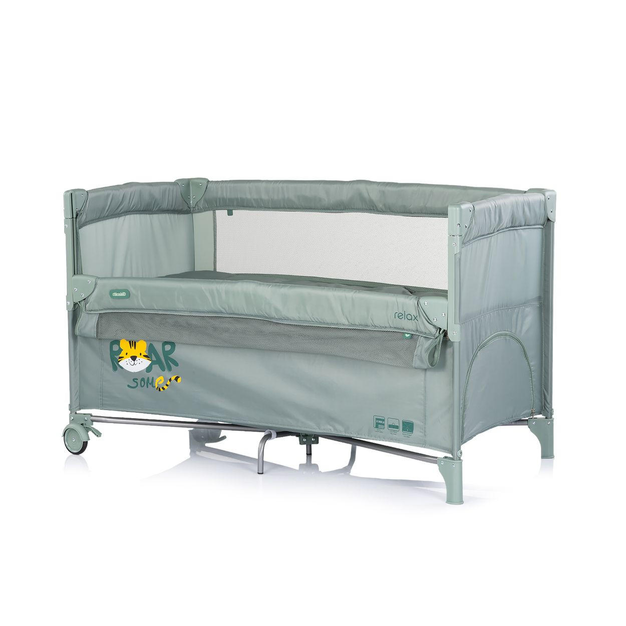 BABYREISEBETT Relax grün grau 2 Ebenen, als Beistellbett nutzbar, Seiteneingang, Faltmatratze - Grün, Metall (60/120cm) - Chipolino