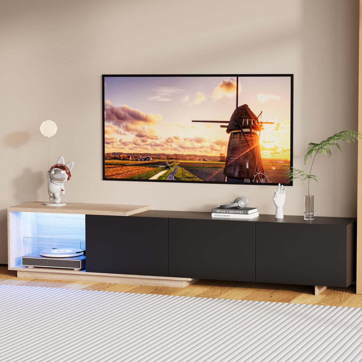 TV-SCHRANK Schwarz-Holzoptik mit Sensor-LED & ausziehbarer Länge - Schwarz, Holzwerkstoff (38/44/240cm) - SHOPENTRA