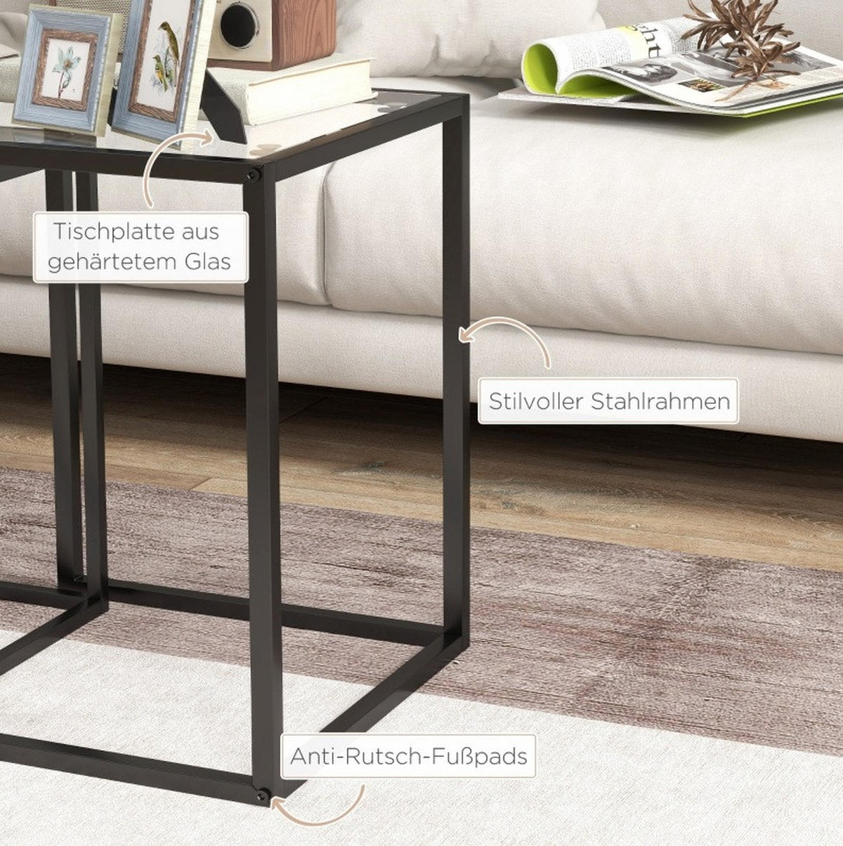 BEISTELLTISCH-SET 42/42/51 cm & 33/33/45,5 cm stapelbar mit gehärtetem Glas und Stahlgestell, Schwarz - Schwarz, Glas (42/42/51cm) - Redom