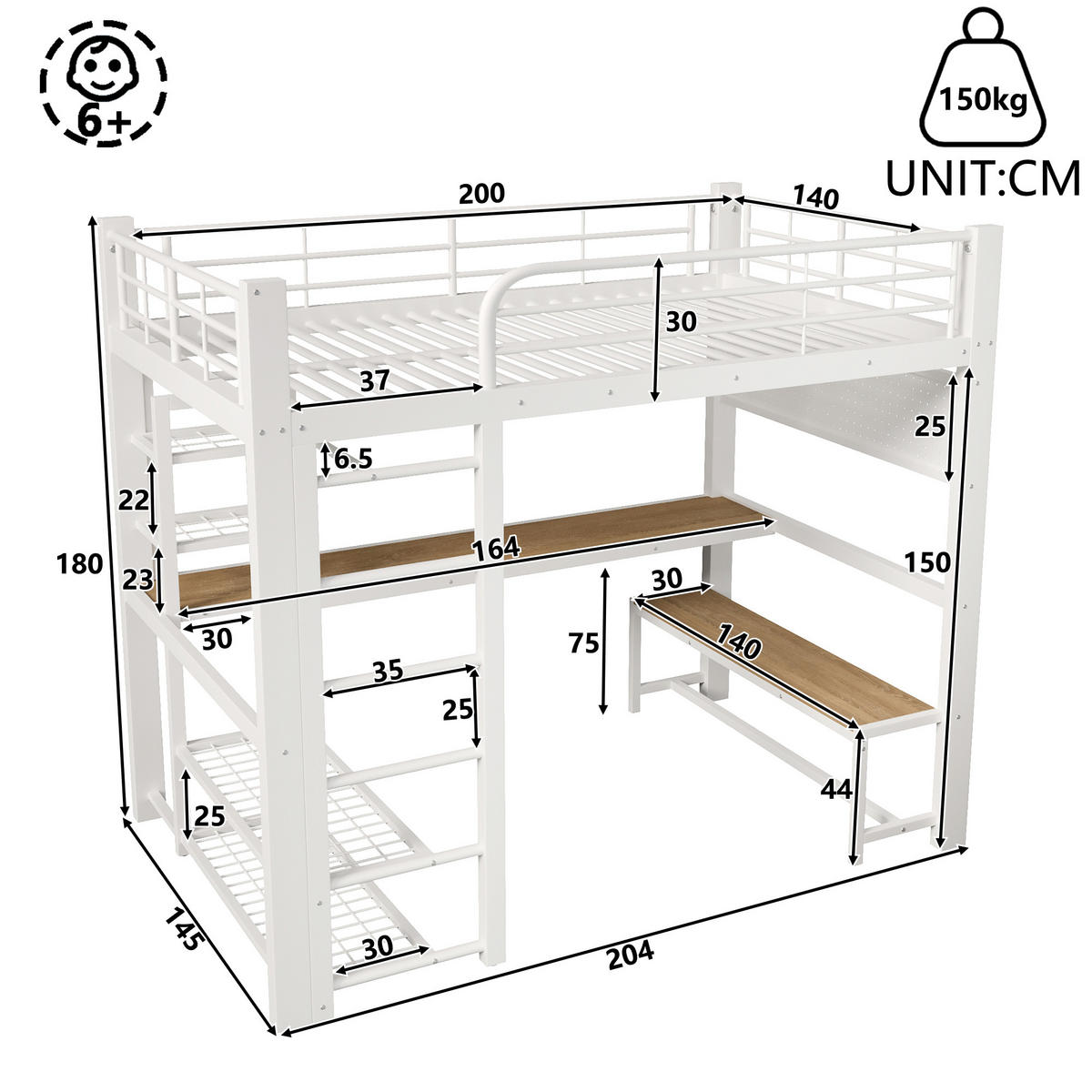 HOCHBETT 140/200 cm in Weiß, aus Metall, mit LED, Schreibtisch, Stauraum - Weiß, Holzwerkstoff/Metall (140/200cm) - WISHDOR