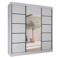 SCHWEBETÜRENSCHRANK Moni mit Spiegel und Zierleisten, 215x200x61cm, Weiß+Schwarz - Schwarz/Weiß, Holzwerkstoff (200/215/61cm) - AN-Moebel 4u