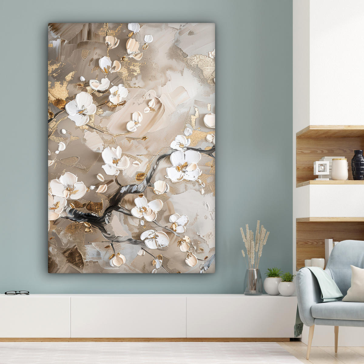 LEINWANDBILD Blumen - Weiß - Gold - Beige - Luxus Deko Groß 90x140 cm - Greige, Textil (90/140cm) - MuchoWow