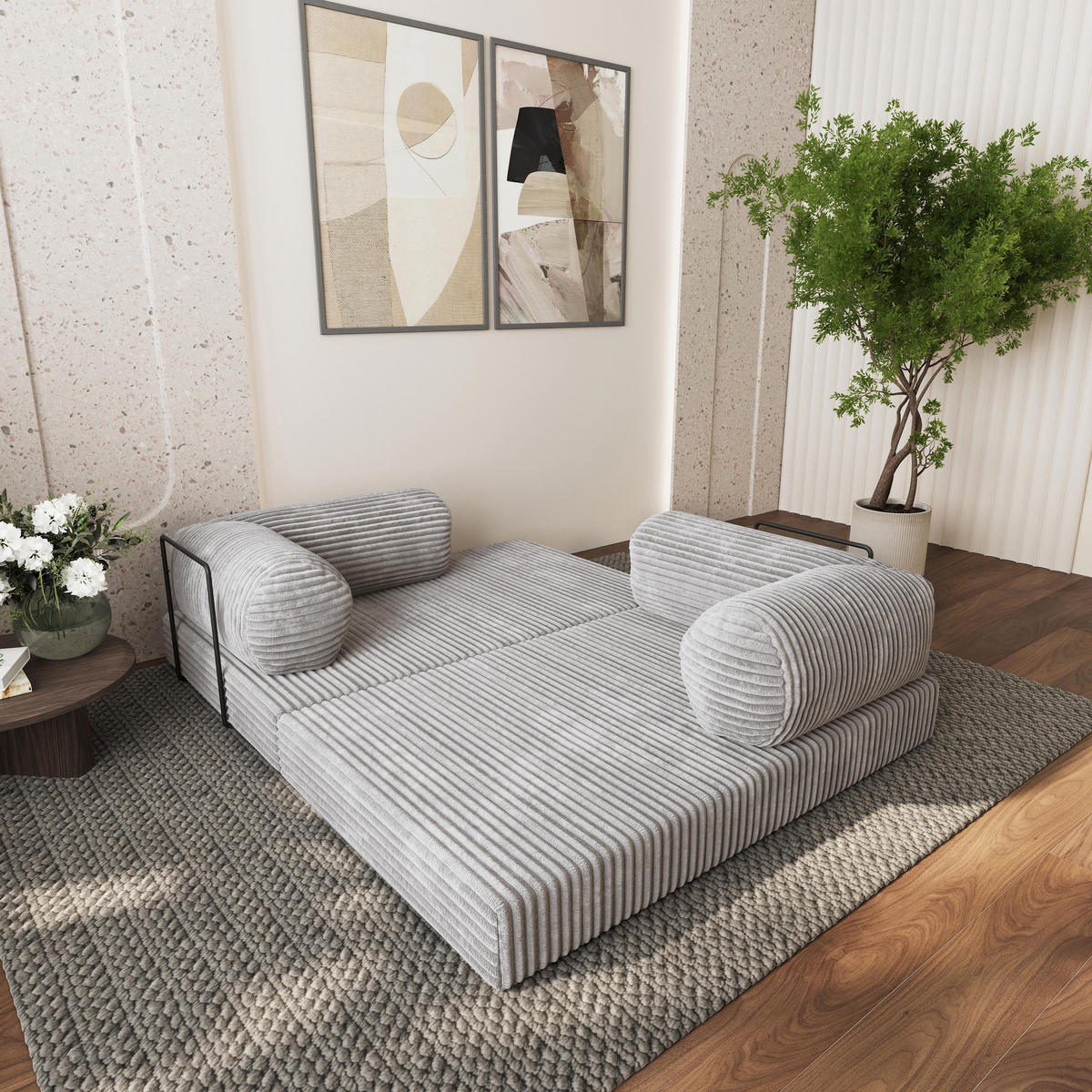 ECKSOFA ETERA modulares Boneless Sofa mit Schlaffunktion Hellgrau Cordstoff - Grau, Textil (270/160cm) - MASSENO