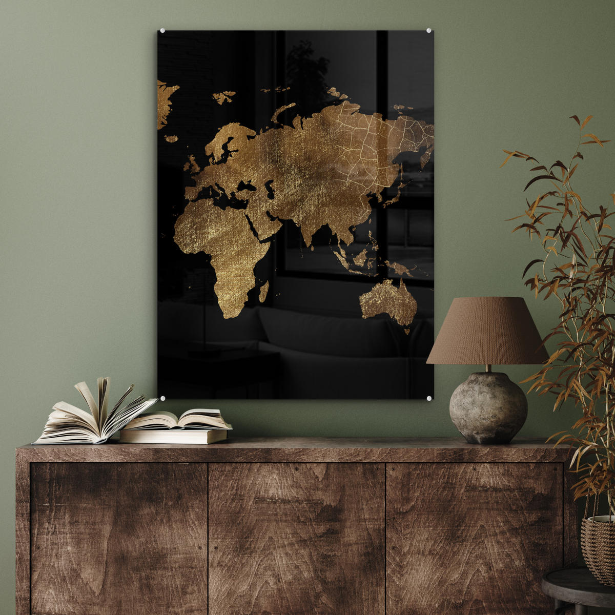ACRYLGLASBILD Weltkarte - Gold - Luxus - Erde - Schwarz 60x80 cm - Goldfarben, Glas (60/80cm) - MuchoWow