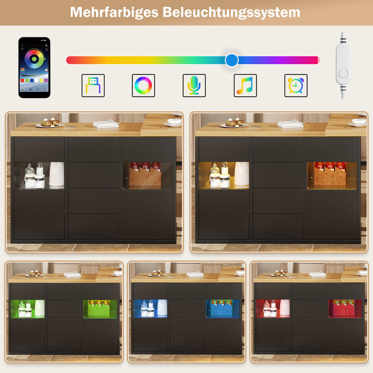 KÜCHENINSEL 360° Drehbar RGB LED App Schubladen Schwarz - Schwarz, Metall (120/73.8/40cm) - FLIEKS