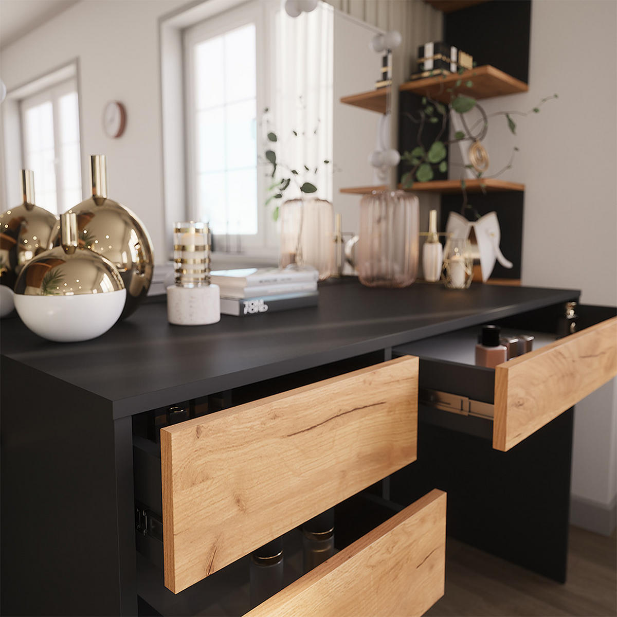 SCHMINKTISCH Sherry Anthrazit/Goldkraft Eiche 120 x 75 cm mit Spiegel & LED-Beleuchtung - Honigeiche/Anthrazit, Holzwerkstoff (120/75/55cm) - Vicco