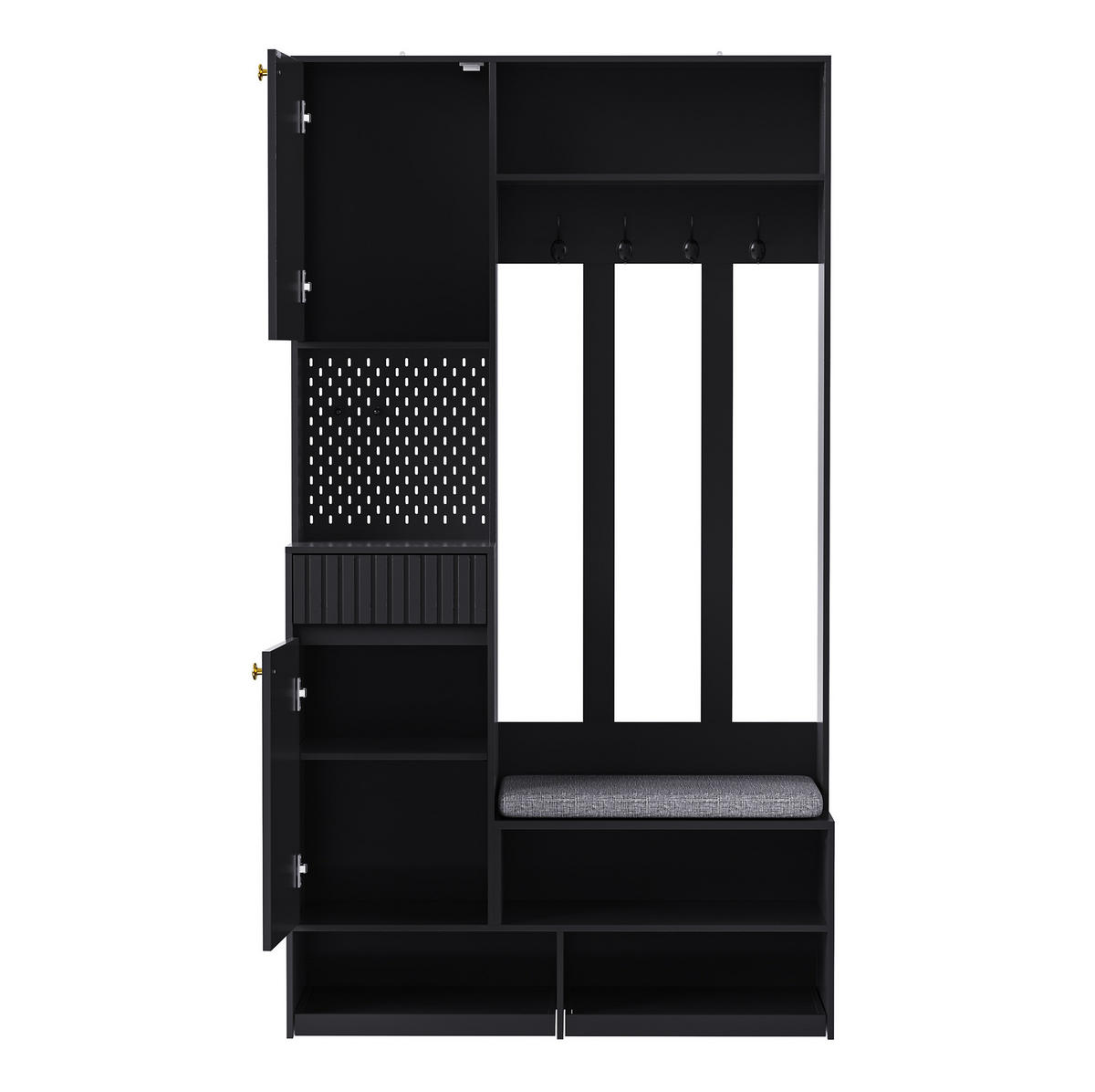 DIELENGARDEROBE mit Sitzbank, 4 Haken und Schubladen in Schwarz, 100/35/180 cm - Schwarz, Holzwerkstoff (100/180/35cm) - BEAOK