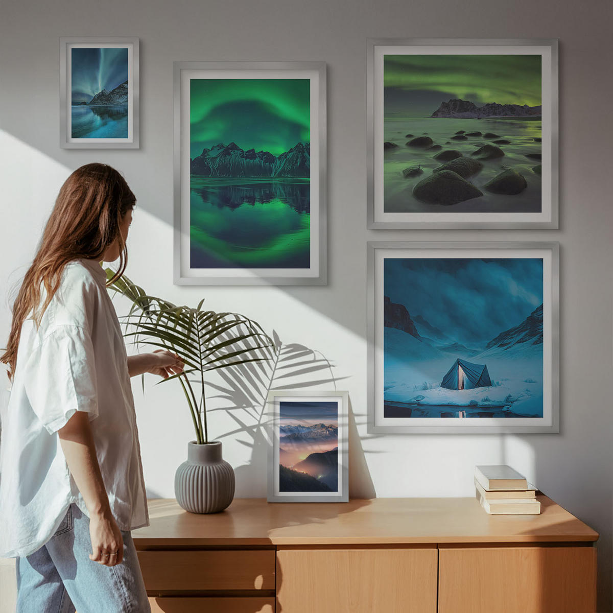 WANDBILDER 5er Set - 50x50 cm & 20x30 cm & 40x60 cm Silberner Rahmen - Stilvolle Pflanzenmuster und Geometrie - Silberfarben, Kunststoff (40/60cm) - ArtPrintCave