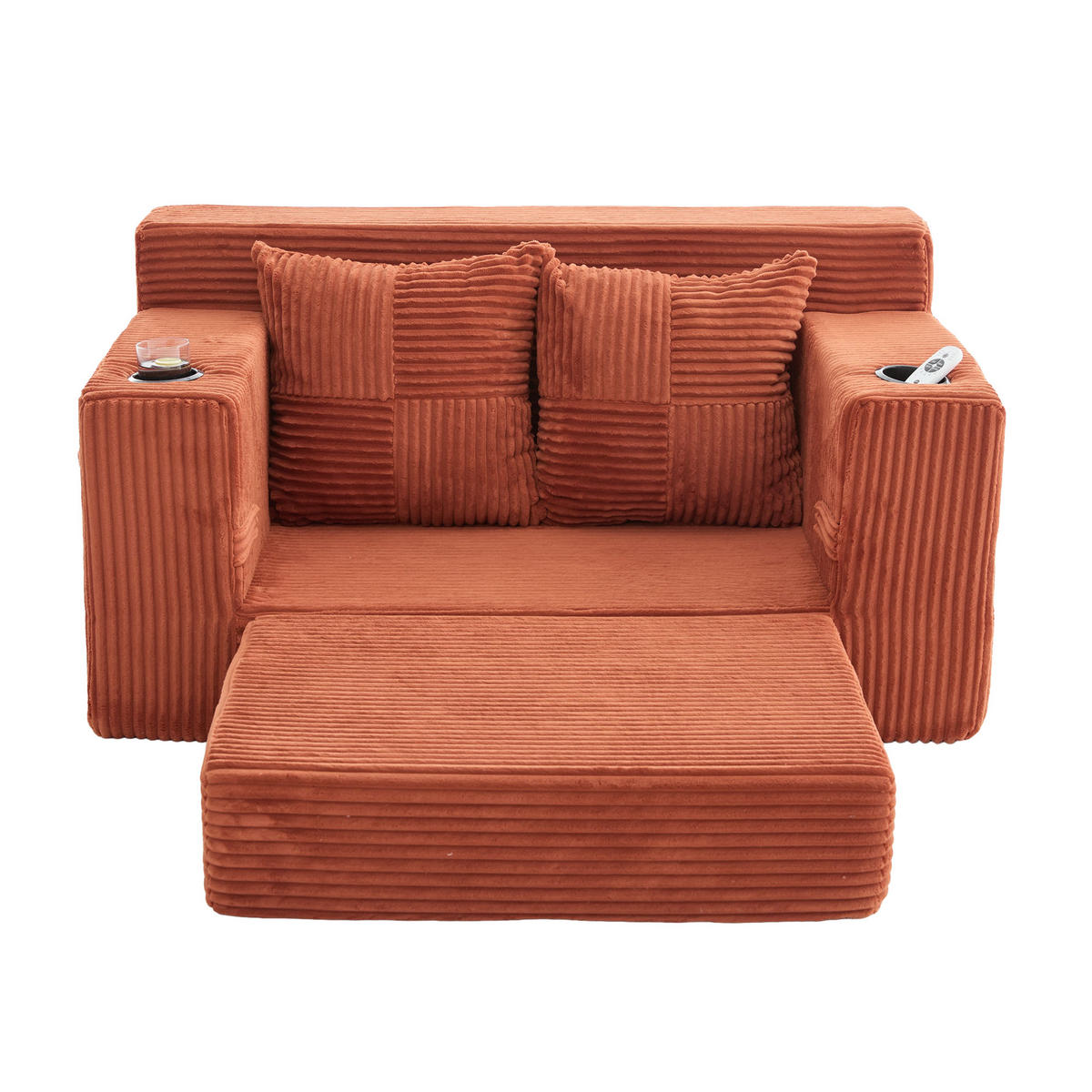SCHLAFSOFA 2-in-1 mit Hocker, 2 Kissen und Becherhalter, DE-42913, Orange - Orange, Textil (133/64/87cm) - ComfortXL