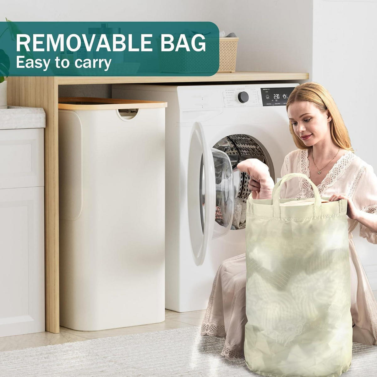WÄSCHEKORB mit Deckel 3 Fächer 160L Beige - Creme, Naturmaterialien (37/74/57cm)