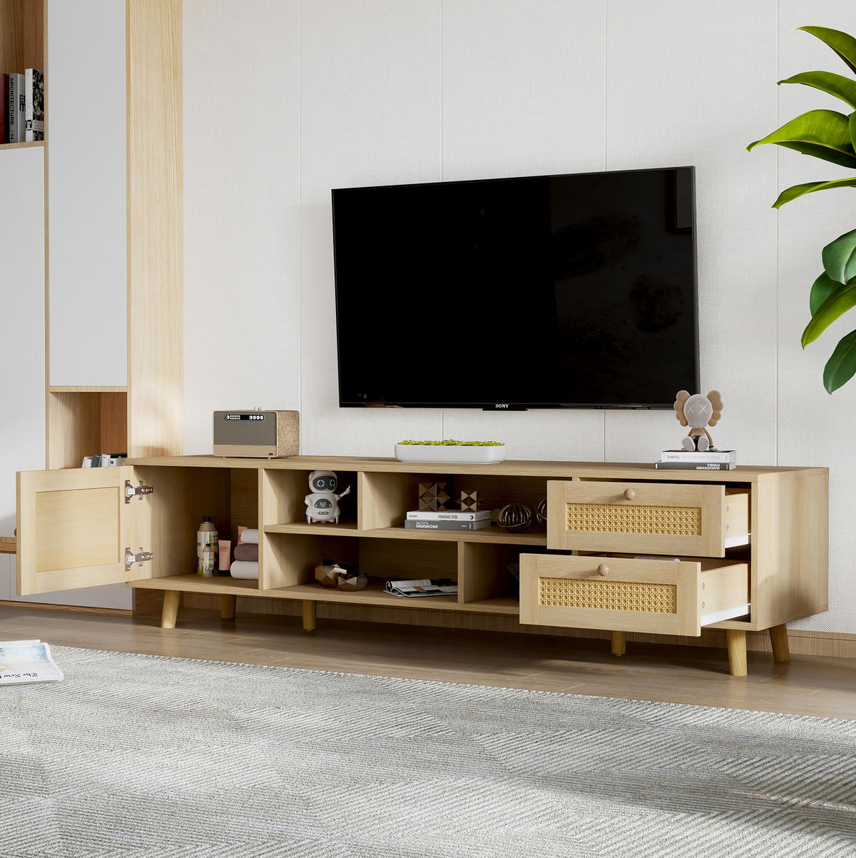TV-LOWBOARD aus Spanplatte und Rattan 160x39x40,5 cm Eiche mit 2 Schubladen und Kabelführung - Naturfarben, Holzwerkstoff (160/40/39cm) - IVMEU