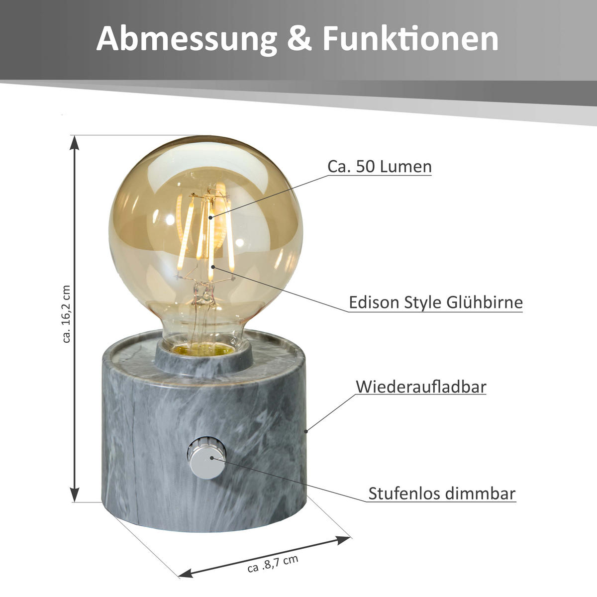 LED-TISCHLAMPE Vintage Edison dimmbar 10x9x16cm 2er-Set Marmor grau - Grau, Kunststoff (10/8.7/16cm) - Northpoint