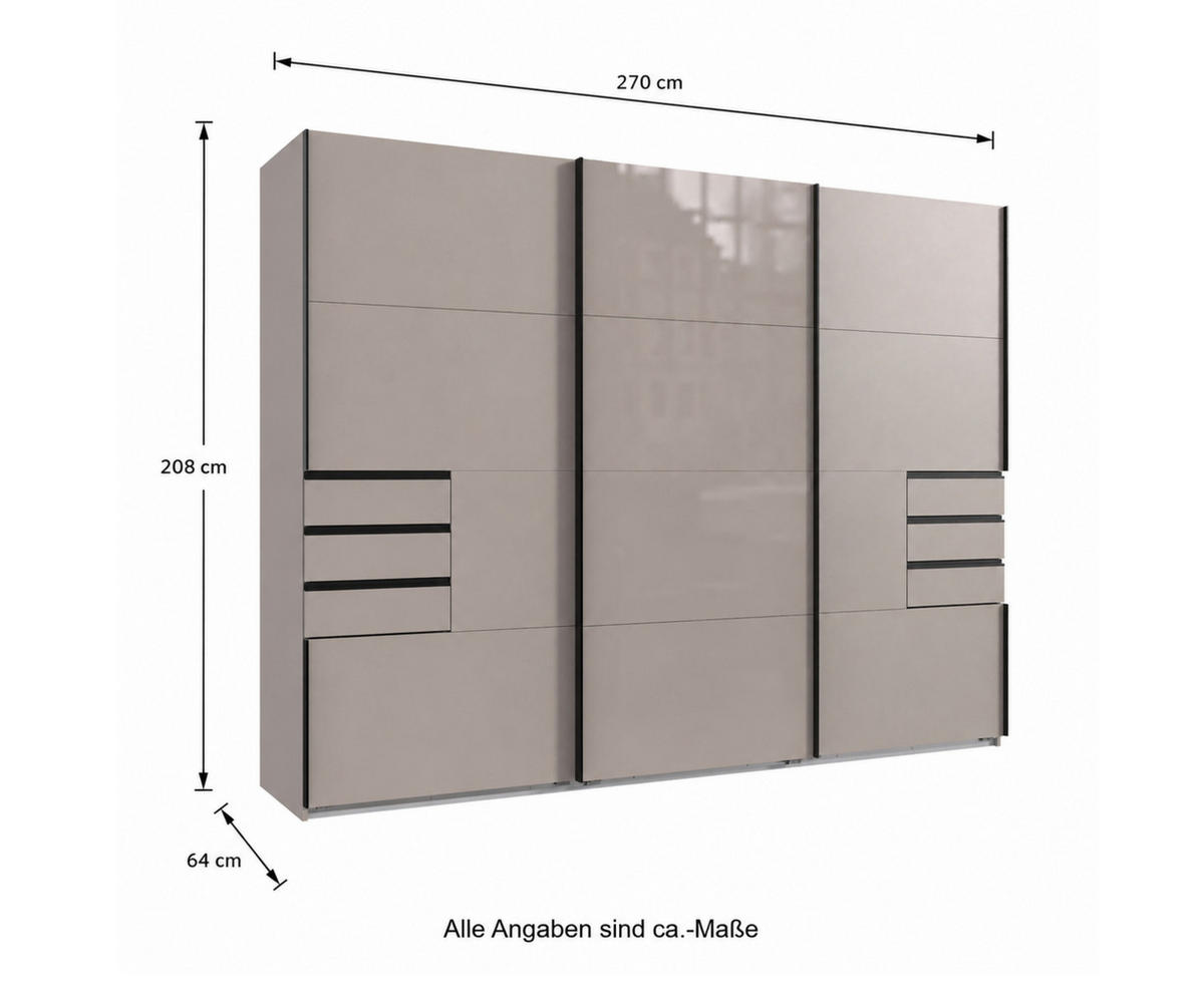 SCHWEBETÜRENSCHRANK 3-türig B270/H208/64 cm, Sandgrau, Mitteltür Glas, Kleiderschrank mit Schubladen & Vollausstattung, / 22614 - Sandfarben/Graubraun, Holzwerkstoff/Metall (270/208/64cm) - luma-home
