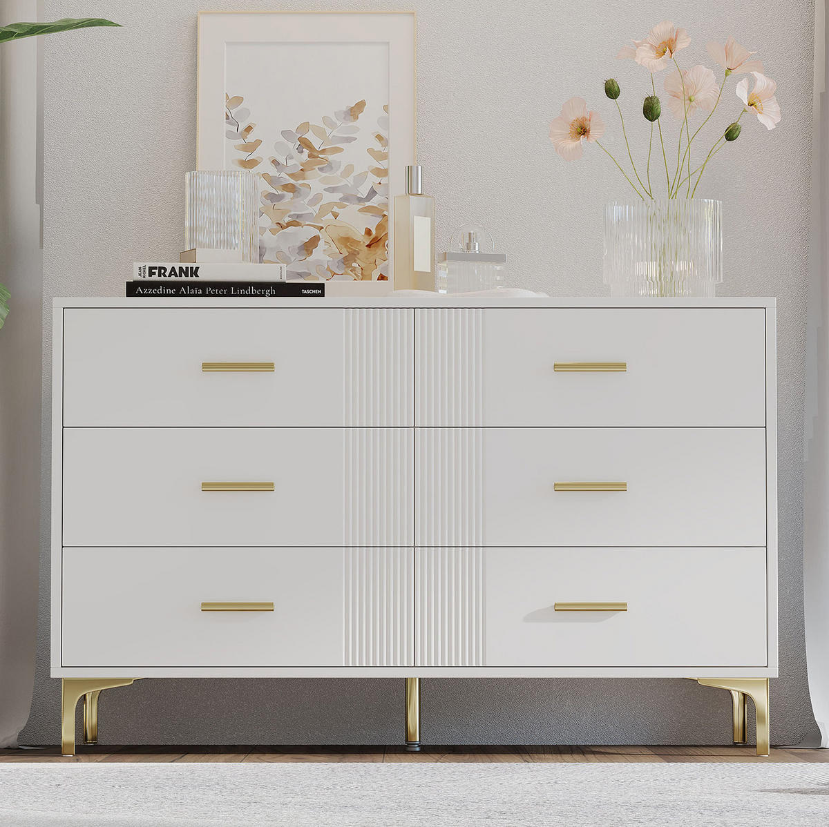 KOMODA z MDF 120x76x40 cm bílá se 6 zásuvkami a vlnitým čelem - bílá, kompozitní dřevo (120/76/40cm) - Modfu