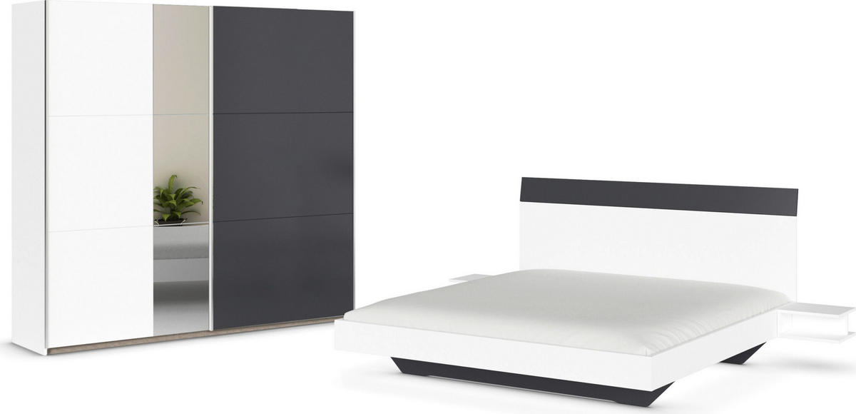 SCHLAFZIMMER Monza in Weiß und Grau Metallic mit Bettanlage 180x200cm, 2 Nachttischen und Schwebetürenkleiderschrank 4türig mit Spiegel - Weiß, Holzwerkstoff (80/200/120cm)