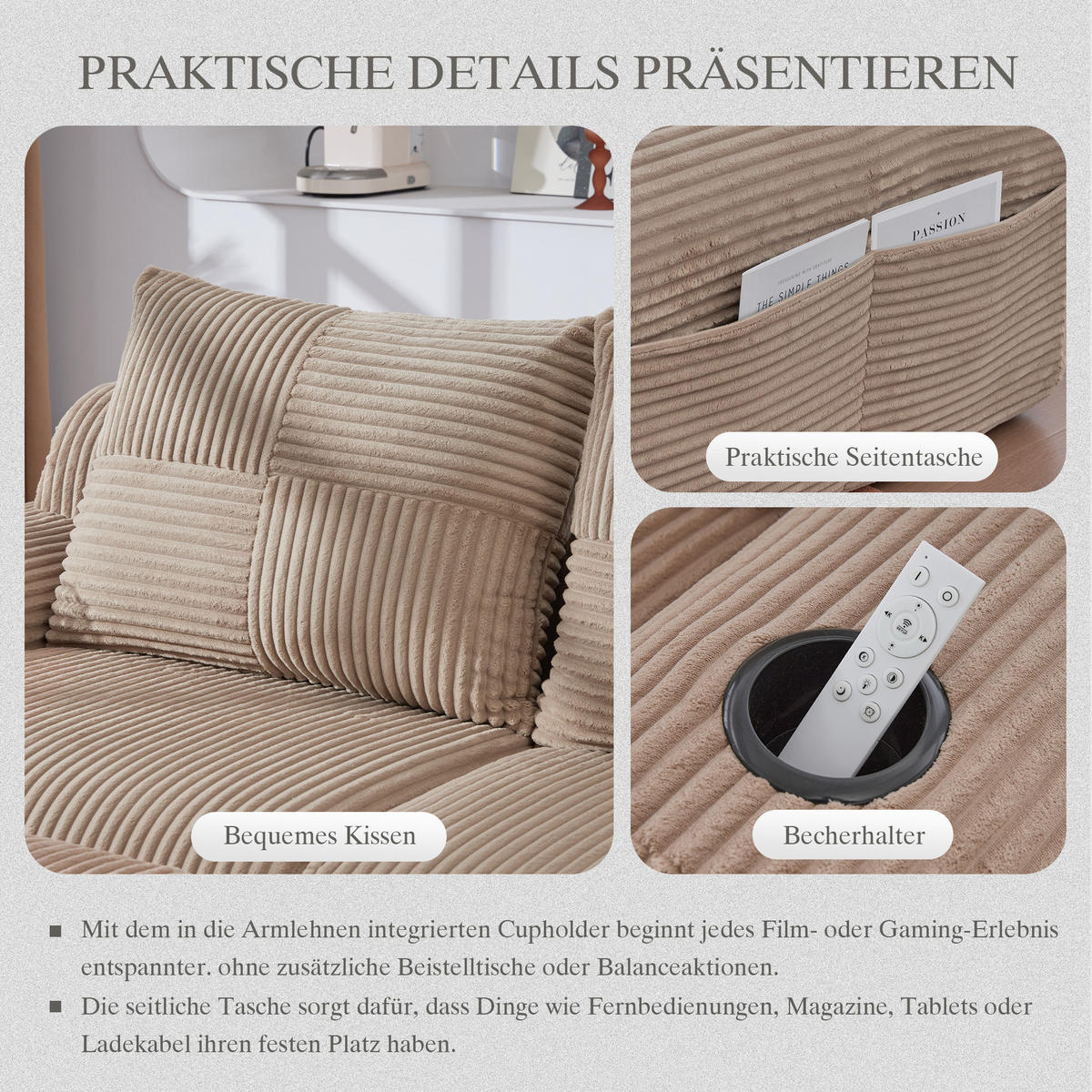 MODULARES 2-Sitzer Cordsofa mit 2 Hockern Getränkehalter und Seitentasche 200/174/80 cm Sandfarben - Sandfarben, Textil (174/80/200cm) - Redom