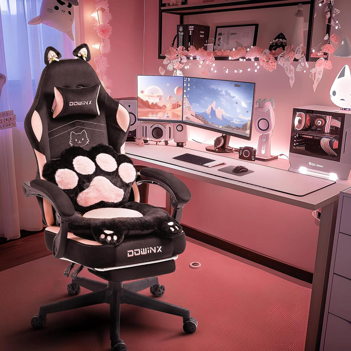 GAMING-STUHL Ergonomischer & Fußstütze Bürostuhl & Lendenwirbelstütze - Schwarz, Leder (52/126/49cm)