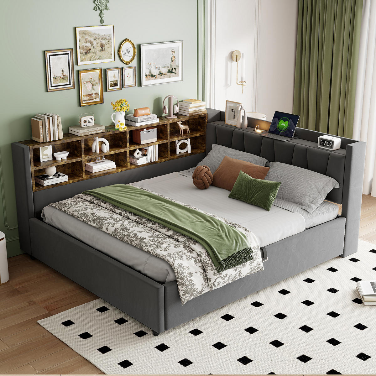 SCHLAFSOFA 140/200 cm in Dunkelgrau Samt mit Bettkasten, LED, USB, Type-C und Ablagen - Dunkelgrau, Holzwerkstoff/Textil (140/200cm) - WISHDOR