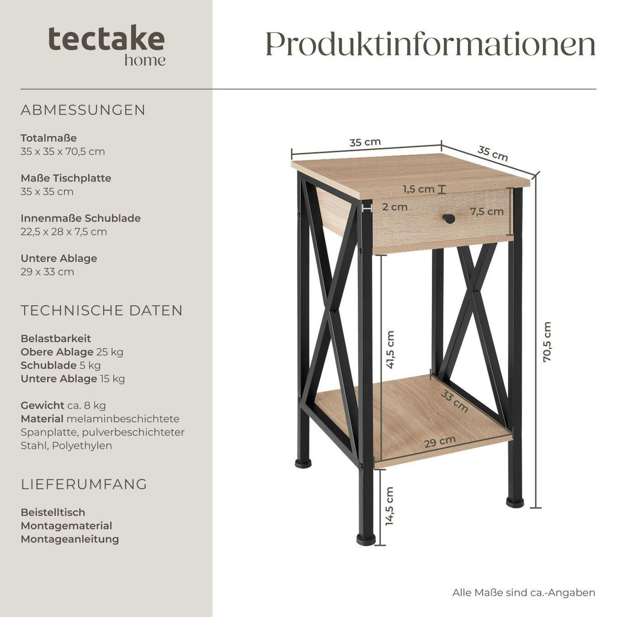 BEISTELLTISCH Dayton,35 x 35 x 70,5 cm,Industrial Holz hell, Eiche Sonoma - Naturfarben, Holzwerkstoff (35/35/70.5cm) - tectake