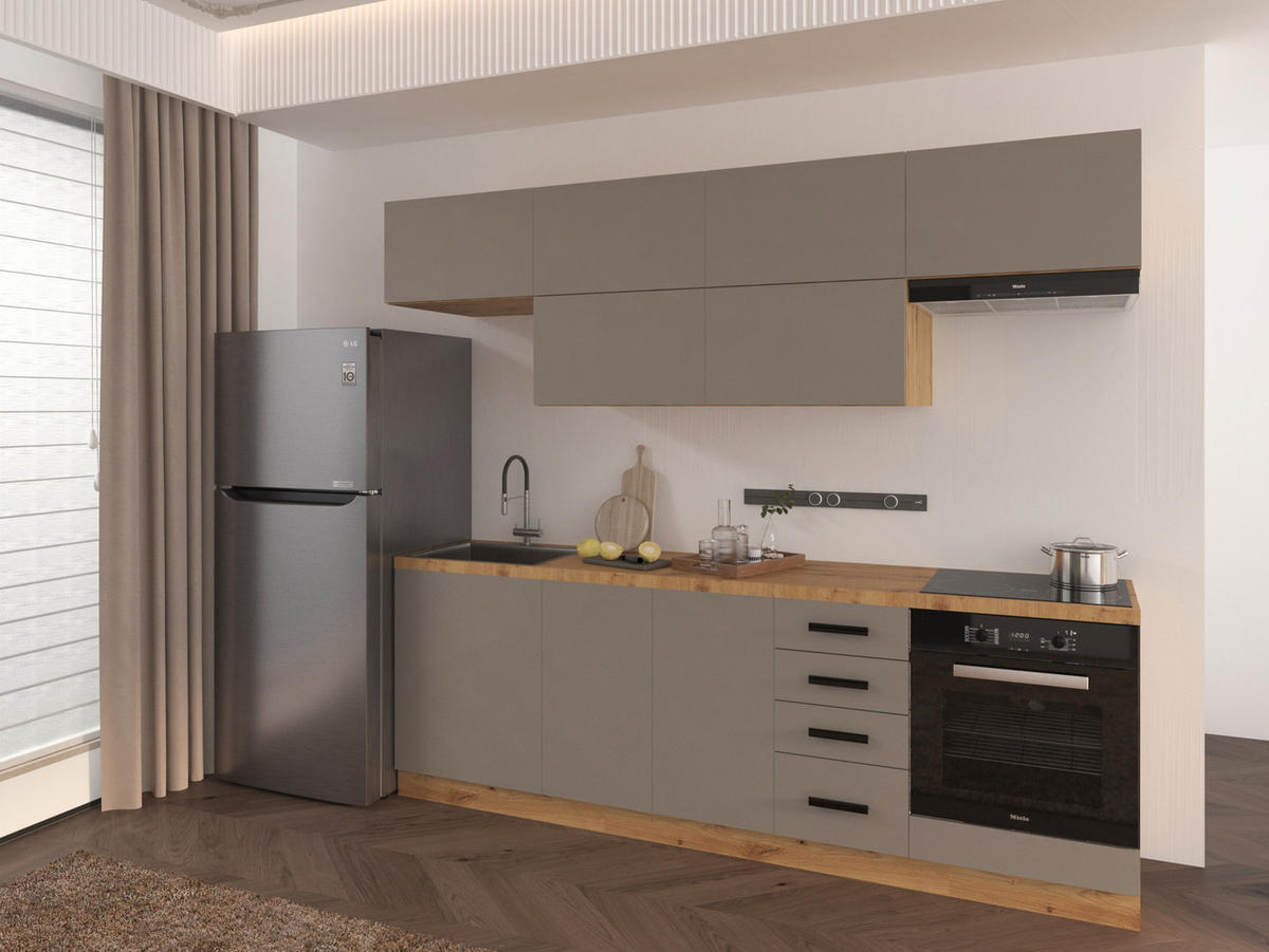 KÜCHENZEILE 240 - Langen KL2-M240 in Beige/Matt - Beige/Schwarz, Holz/Metall (240/212/58cm)