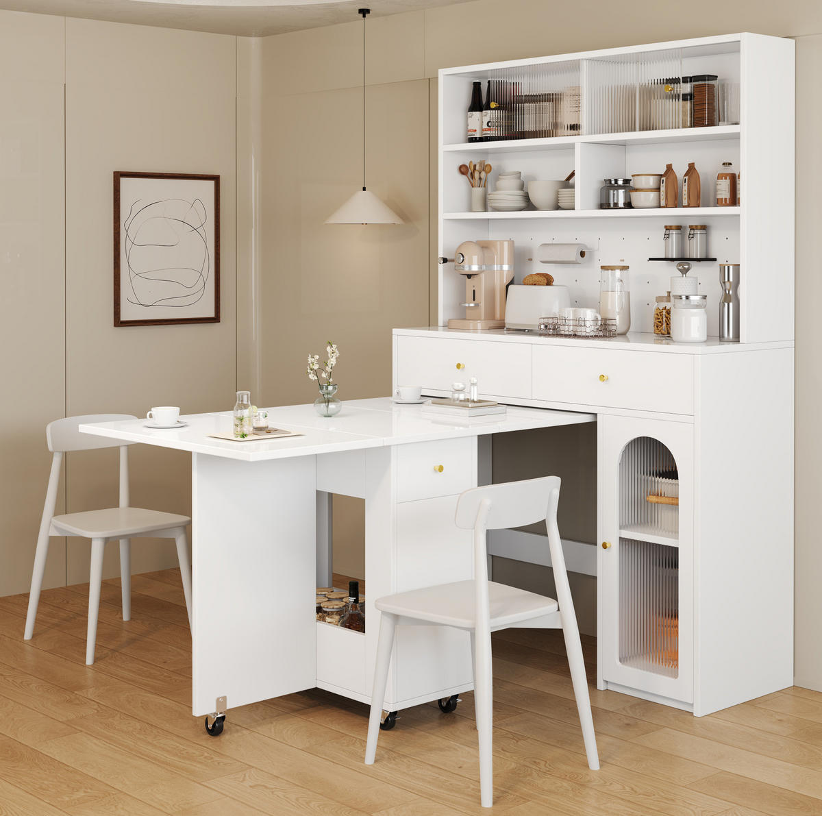BUFFET aus MDF 120x45x180 cm Weiß mit Hakenleiste, 2 Schubladen und verstellbarem Einlegeboden - Weiß, Holzwerkstoff (120/180/45cm) - Modfu