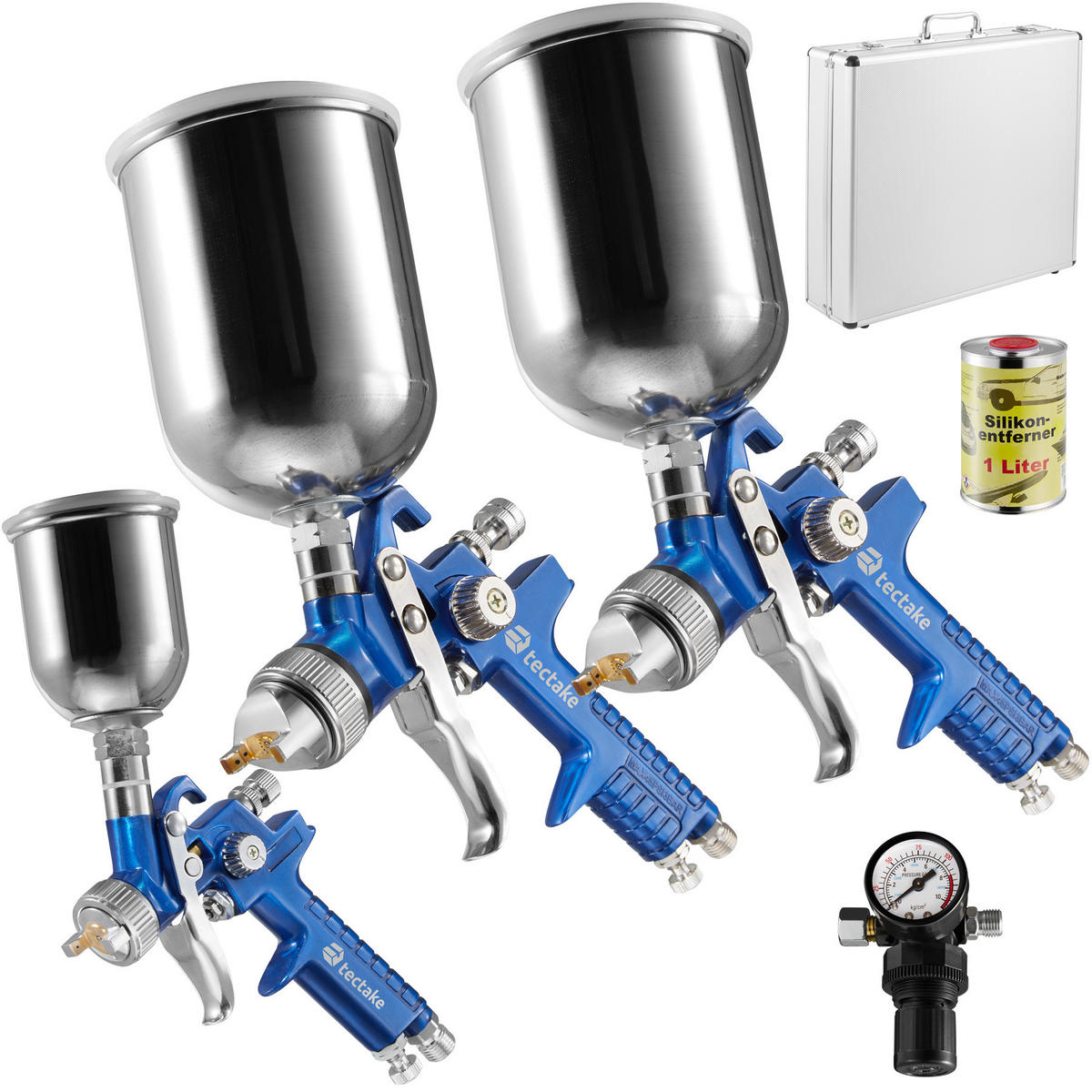 LACKIERPISTOLEN-SET Hvlp, inklusive Silikonentferner und Aluminiumkoffer,blau - Blau, Metall (46.5/43.5/13cm) - tectake