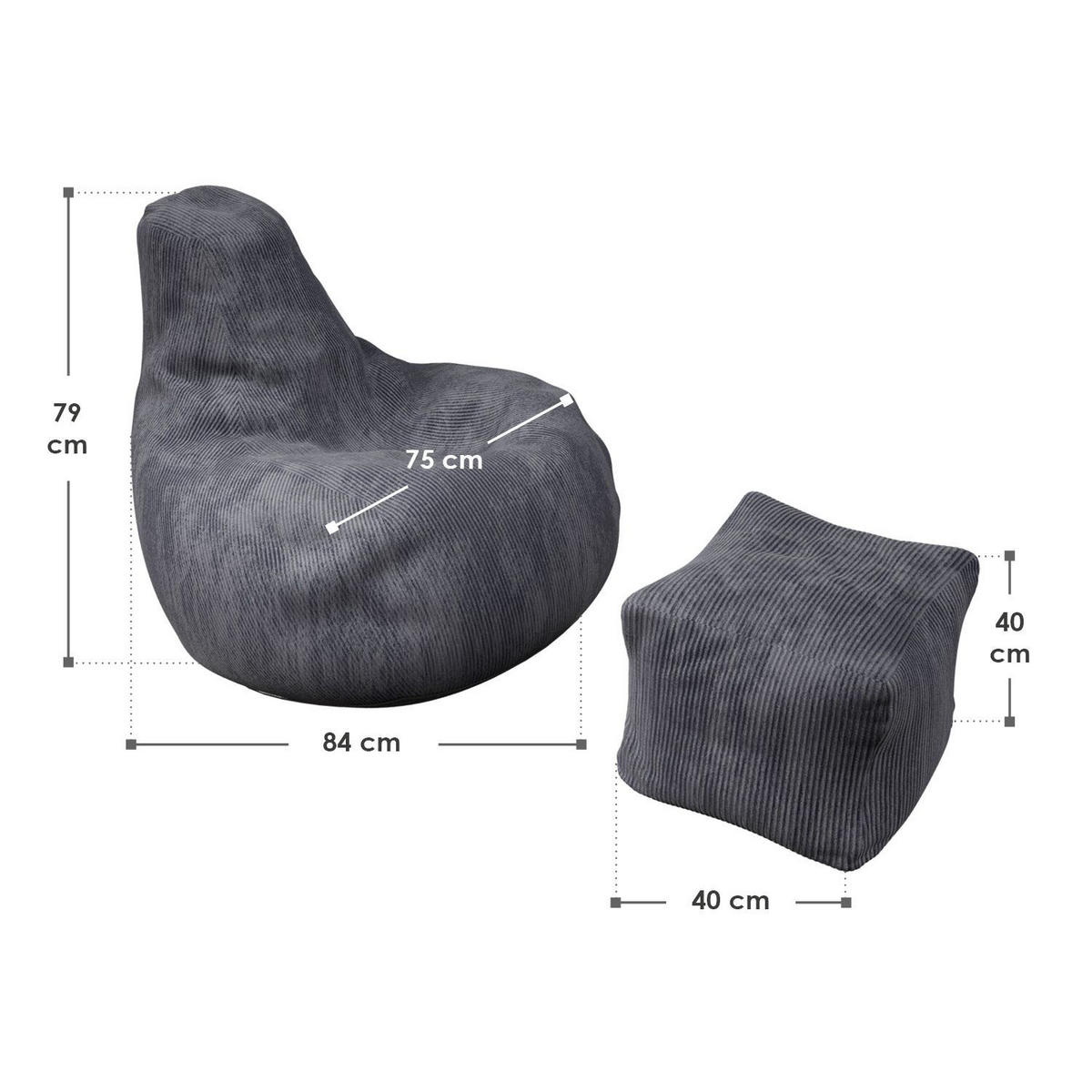 SITZSACK Chillex mit Hocker L Cord dunkelgrau - Dunkelgrau, Textil (75/84/79cm) - Juskys
