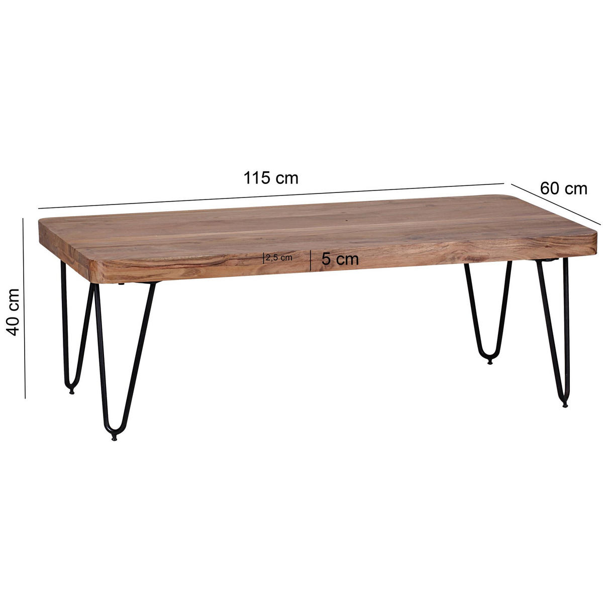 COUCHTISCH aus Massivholz mit Metallbeinen, handgefertigt, einzigartige Maserung, Beige 115x60x40 cm - Beige/Schwarz, Holz/Metall (60/115/40cm) - KADIMA DESIGN