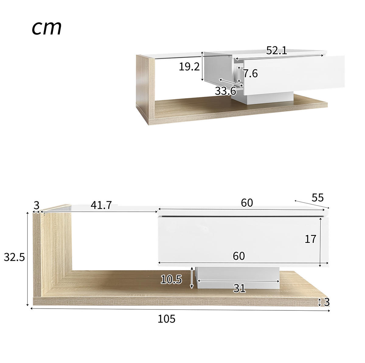COUCHTISCH, Holzton/Hochglanz Weiß mit Glasplatte & 16-farbiger LED-Beleuchtung, 105/55/32,5 cm,Naturfarben - Naturfarben, Holzwerkstoff (55/105/32.5cm) - Redom