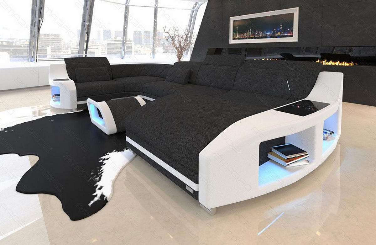 WOHNLANDSCHAFT Stoff Sofa Swing U Form Schwarz Weiß Strukturstoff - Schwarz, Kunststoff (404/90/220cm)