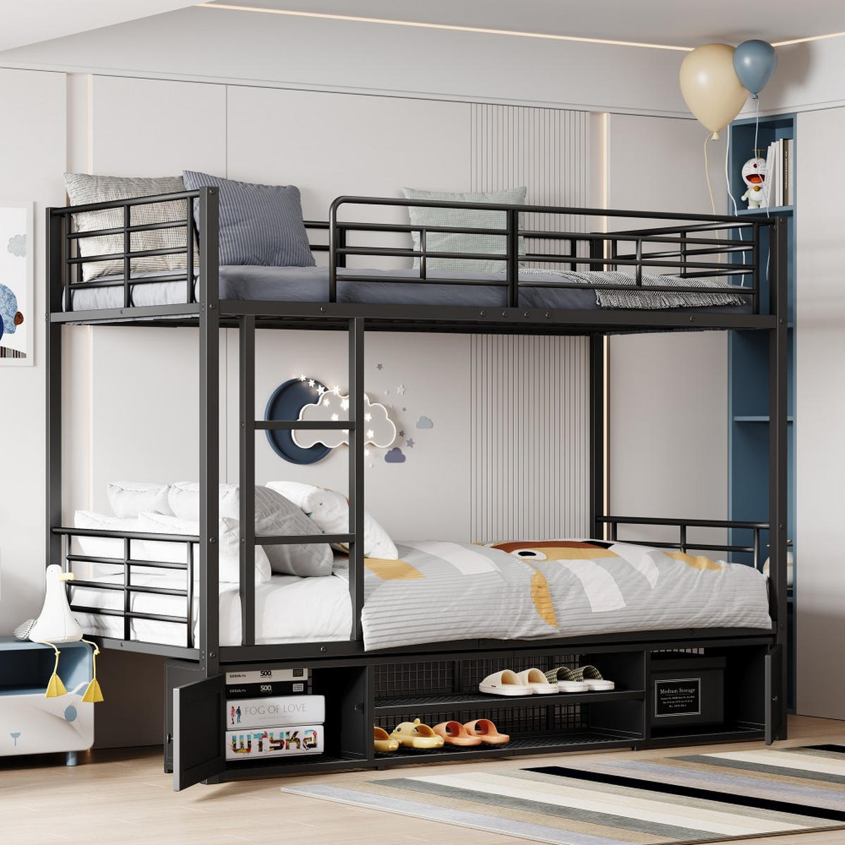 ETAGENBETT 90x200cm in Schwarz Metall mit Fallschutzgitter - Schwarz, Metall (90/200cm) - KOMHTOM