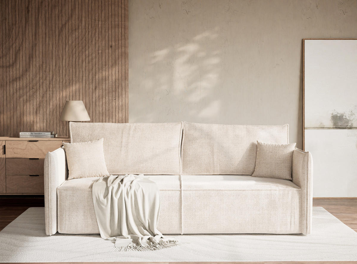 SOFA MIT SCHLAFFUNKTION Obra Creme Chenille-Stoff - Creme/Schwarz, Holz/Holzwerkstoff (220/70/107cm) - Maison de Reve