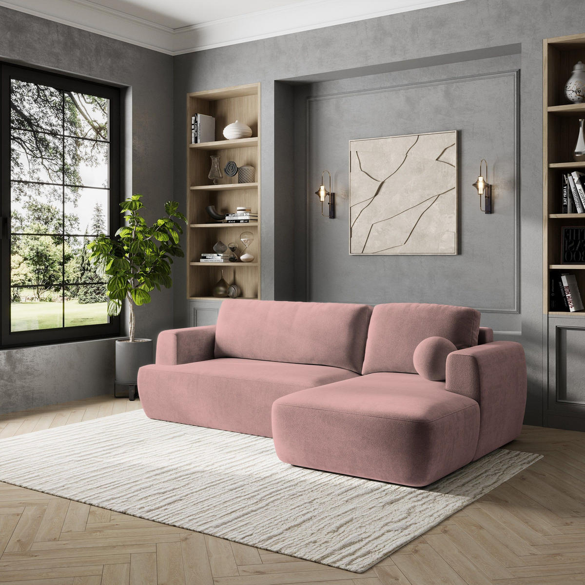 ECKSOFA SENTI K R-S Rosa Plüsch-Stoff mit Schlaffunktion - Rosa, Holz (246/148cm) - MASSENO