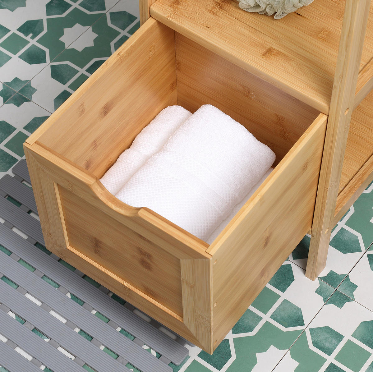 BADEZIMMERSCHRANK 30x30x140 cm Natur aus Bambus mit Kippsicherung & 2 Schubladen - Naturfarben, Naturmaterialien (30/140/30cm) - Modfu