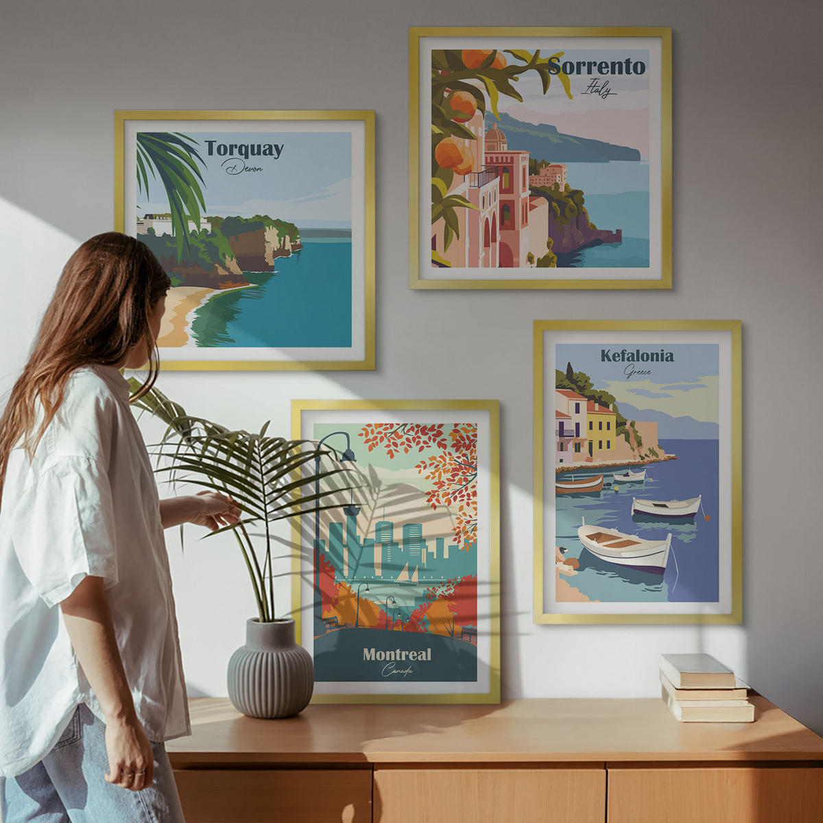 BILDER SET 4er Set - 50x50 cm & 40x60 cm Goldrahmen - Retro-Ansichten von Städten auf der ganzen Welt - Goldfarben, Kunststoff (50/50cm) - TULUP