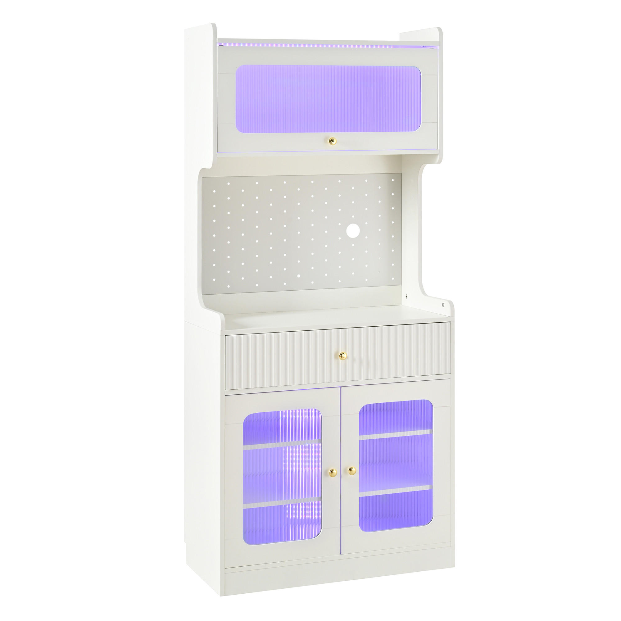 BUFFET Multifunktionaler Küchenschrank mit Glasstruktur, Lochwand und Schublade Weiß modern Standardgröße - Weiß, Holzwerkstoff (80/180/40cm) - EVRYAE
