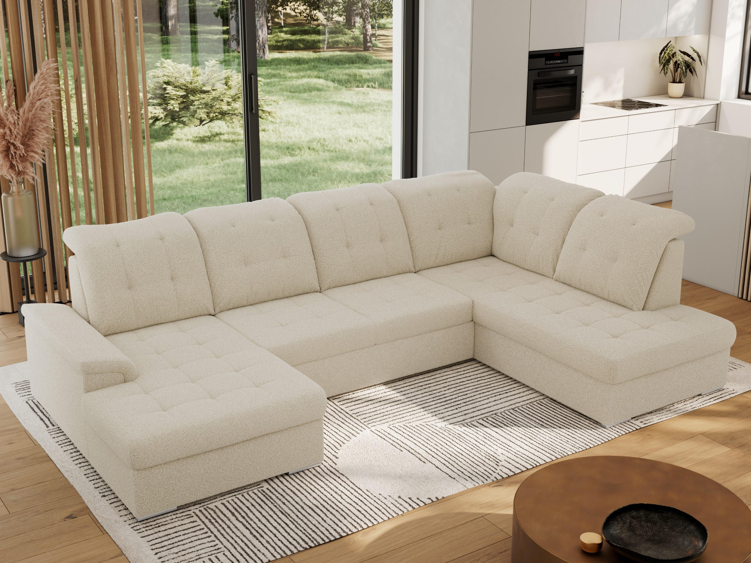 WOHNLANDSCHAFT MADRITO U - Beige Boucle - Rechts - Beige/Silberfarben, Textil/Metall (323/89/204cm) - MKS