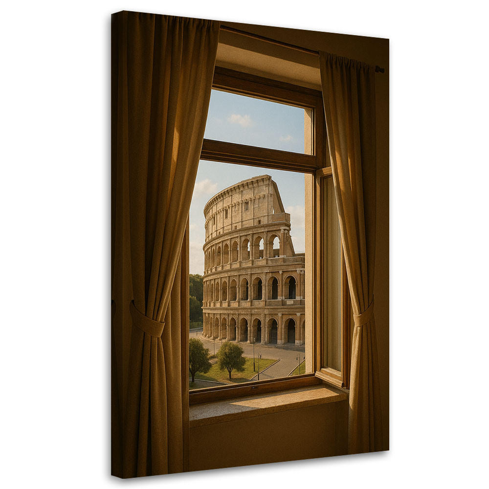 LEINWANDBILD Blick aus dem Fenster auf das Kolosseum in Rom 60x90cm - Braun, Textil (60/90cm) - Feeby