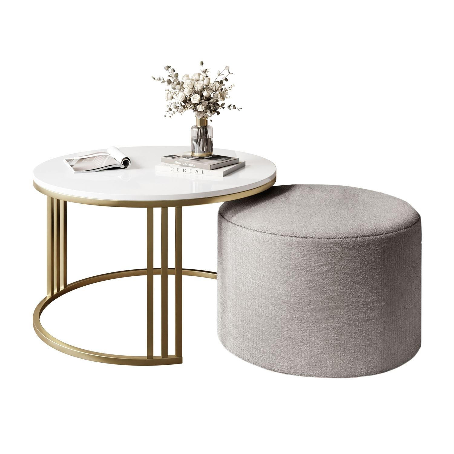 COUCHTISCH mit Hocker LORI Hochglanz gebürstetes Gold/weißer Glanz/Perfect Harmony 82 - Schwarz, Metall (70/70/49cm) - Lookway