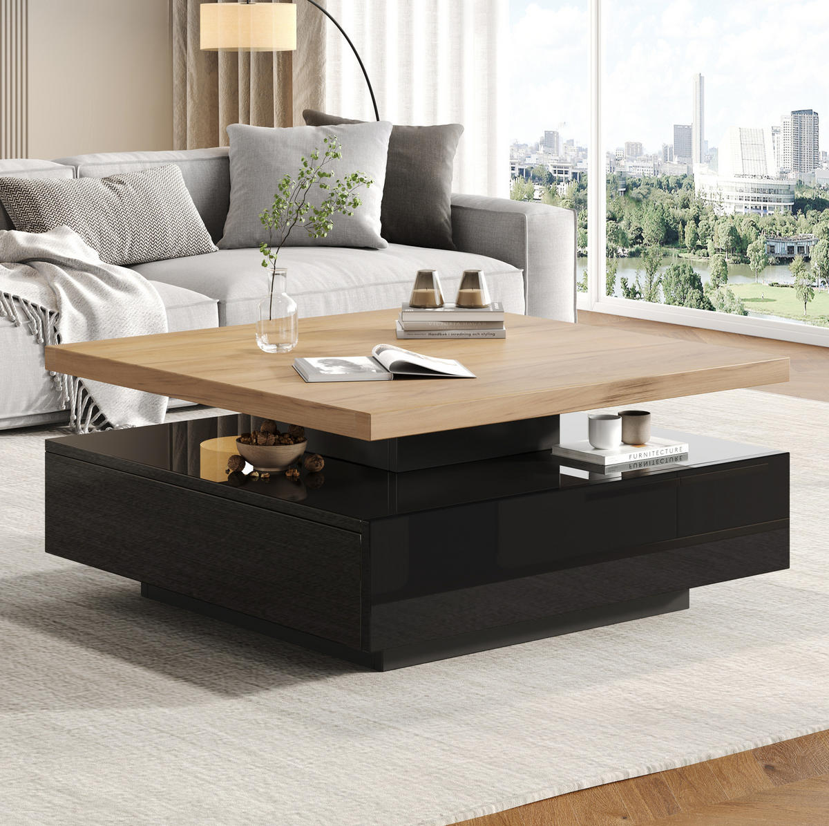COUCHTISCH 70/70/36 cm Walnuss Schwarz 360° drehbar mit Schublade aus Spanplatte - Schwarz, Holzwerkstoff (70/70/36cm) - OKWISH