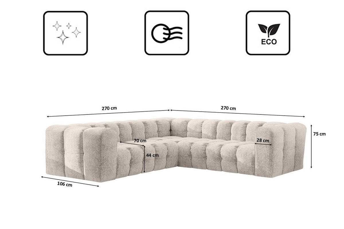 ECKSOFA Corner Mit Steppung BALOO, Chenille-Stoff Arena, Ecru - Ecru, Holz (270/270cm) - Kaiser Möbel