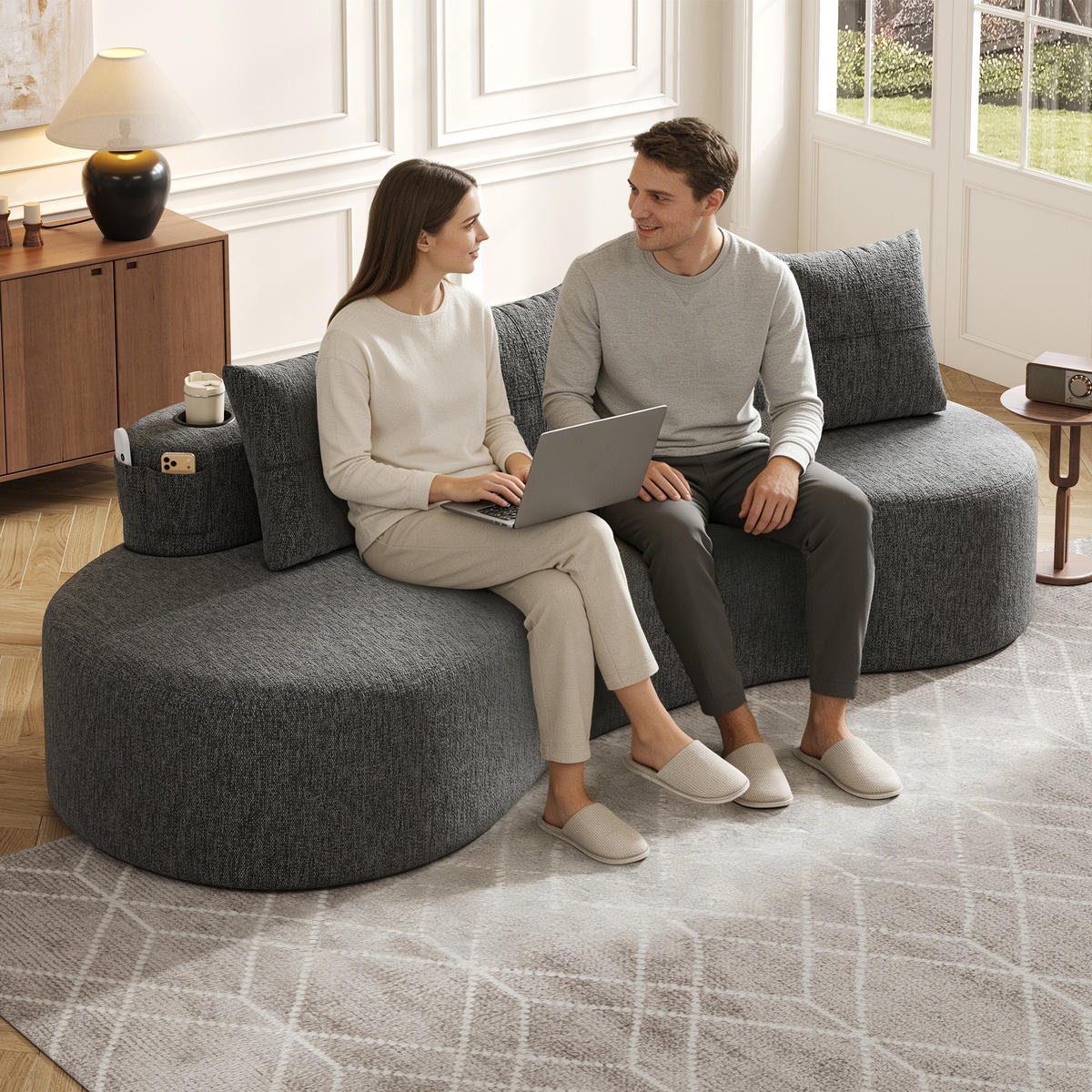 SOFA Leinen Dunkelgrau mit Becherhalter, Seitentaschen und mit Kissen - Dunkelgrau, Textil (240/63/109cm) - WISHDOR