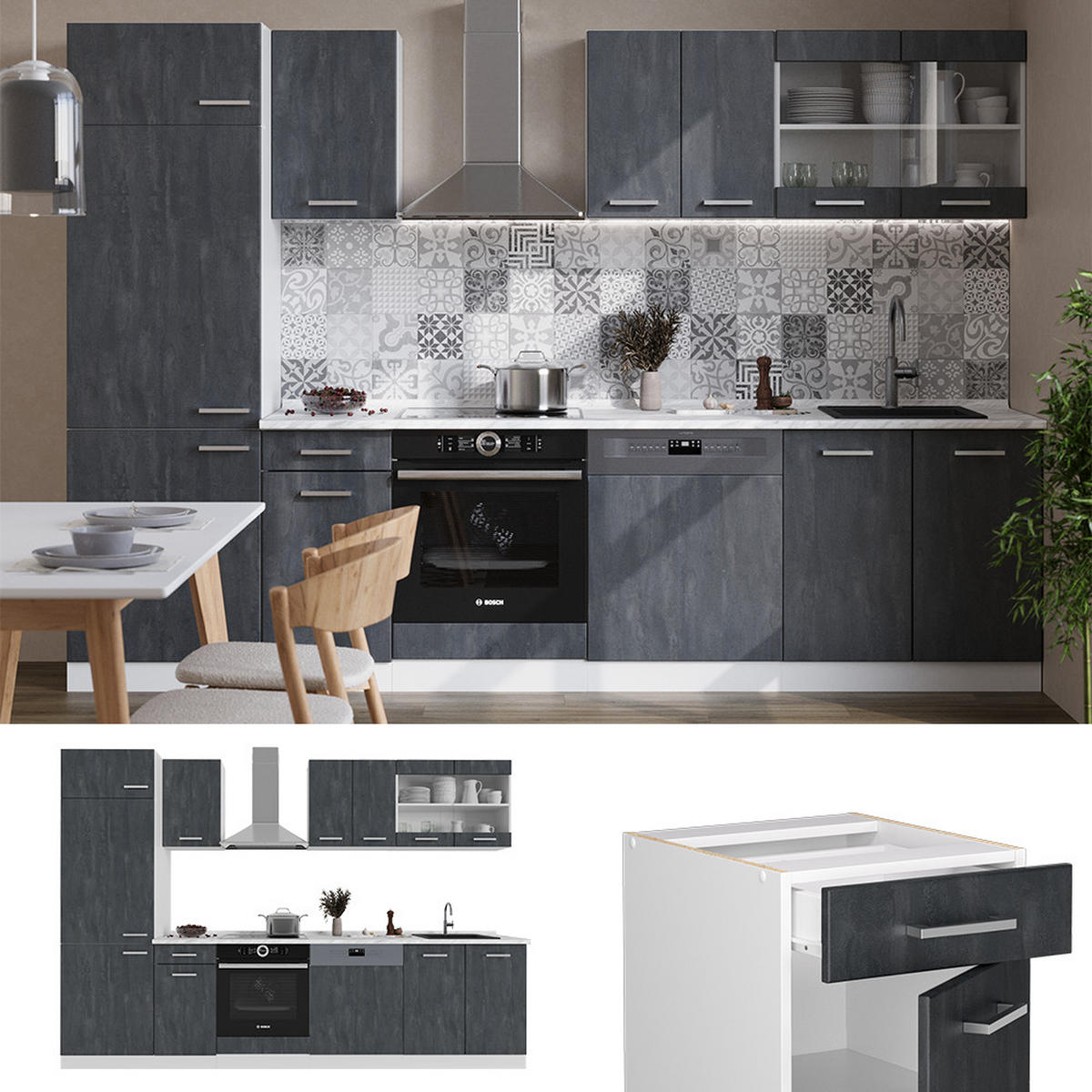 KÜCHE R-Line Schwarz Beton/Weiß 300 cm AP Marmor - Schwarz/Weiß, Holzwerkstoff (300/81.6/60cm) - Vicco