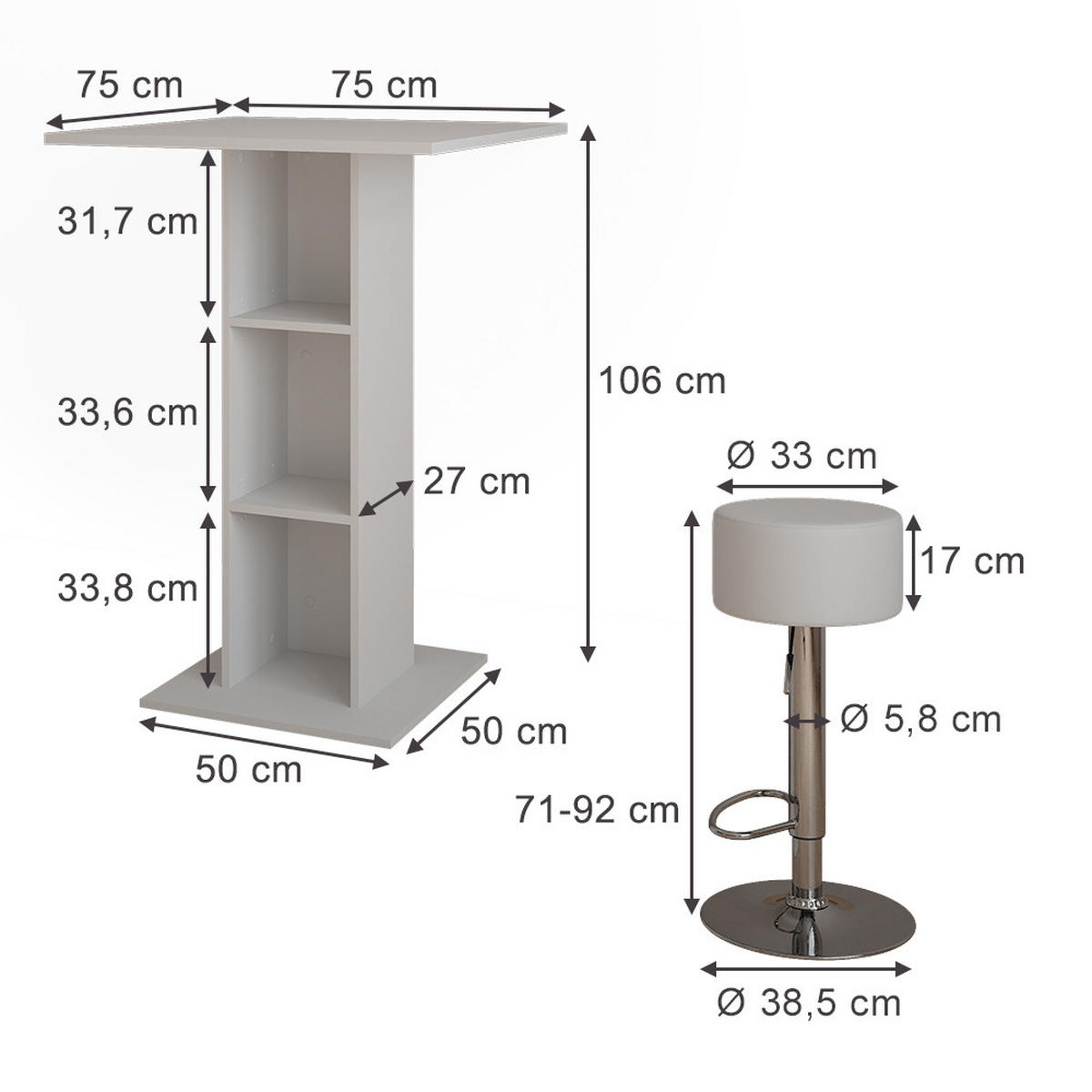 STOJACÍ BAROVÝ STŮL SE ŽIDLEMI Repose Bílá - bílá, kompozitní dřevo (75/75/106cm) - Vicco