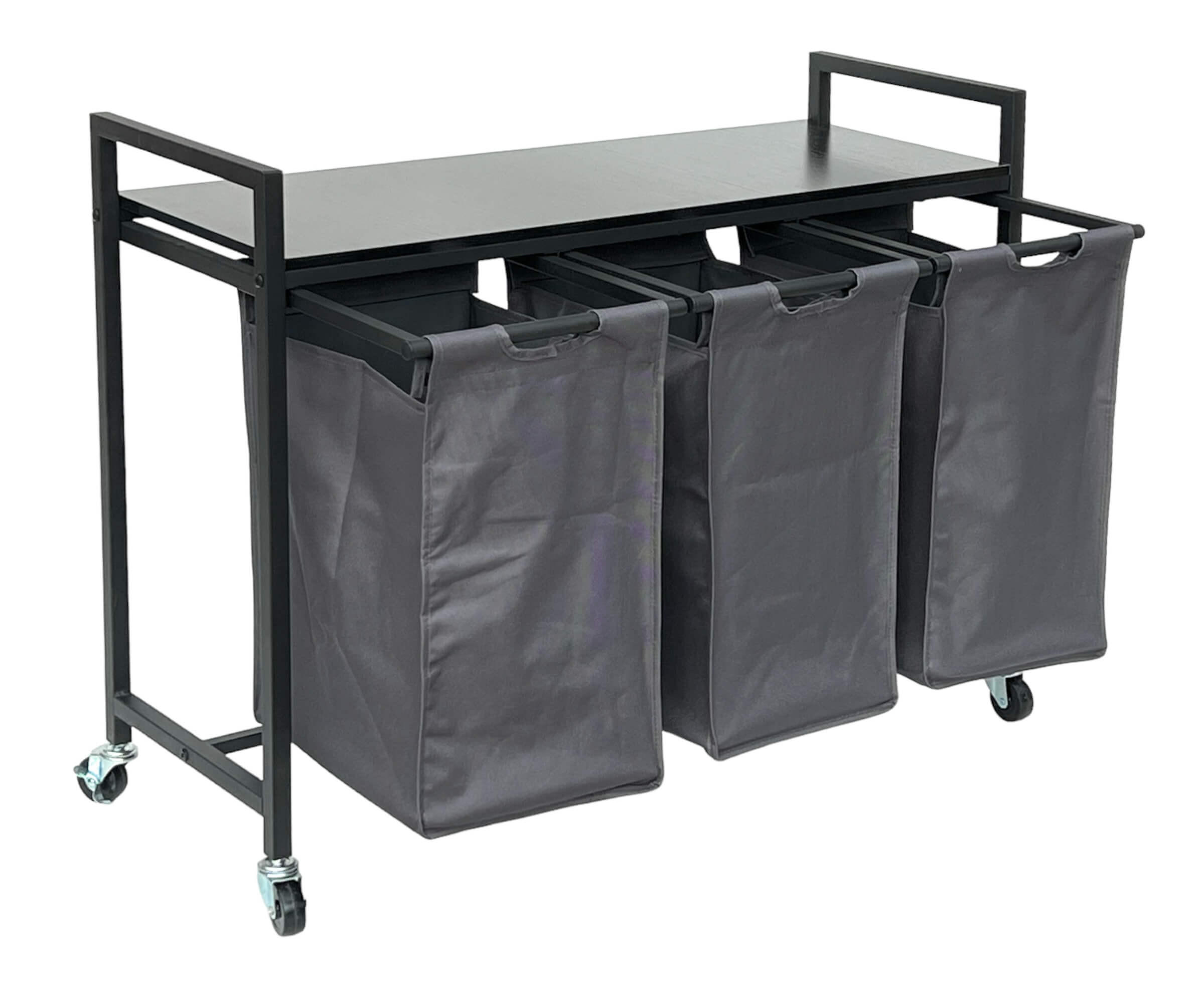 WÄSCHEKORB 3 Fächer mit Ablage Schwarz Metall mit Rollen - Schwarz, Metall (92.5/71/33cm) - DanDiBo