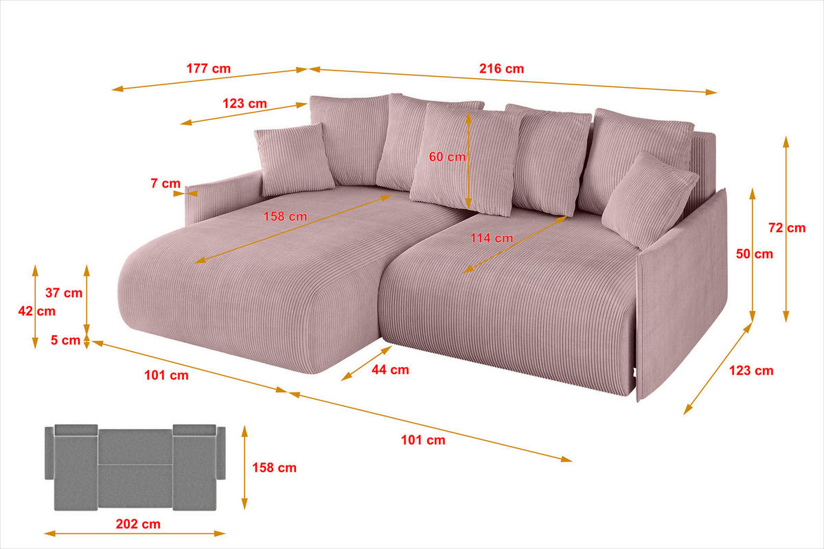 ECKSOFA Ottomane links ONESK-L -v1 216x177x72 Rosa Cord - Rosa, Holzwerkstoff/Kunststoff (216/177cm) - ALTDECOR