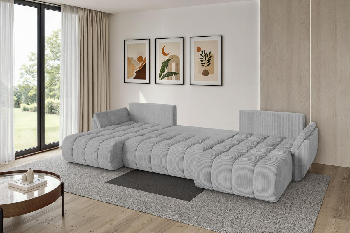 SEDACÍ SOUPRAVA DO U s funkcí spaní a úložným prostorem TOKO-U-v1 378x194x86 šedá manšestr - šedá/černá, kompozitní dřevo/textil (378/86/194cm) - ALTDECOR
