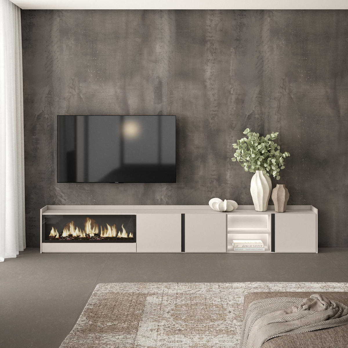 LOWBOARD, Beige, 315/35/50cm, Kamin mit Feuereffekt XXL - Beige, Holzwerkstoff (315/50/35cm) - Skraut Home