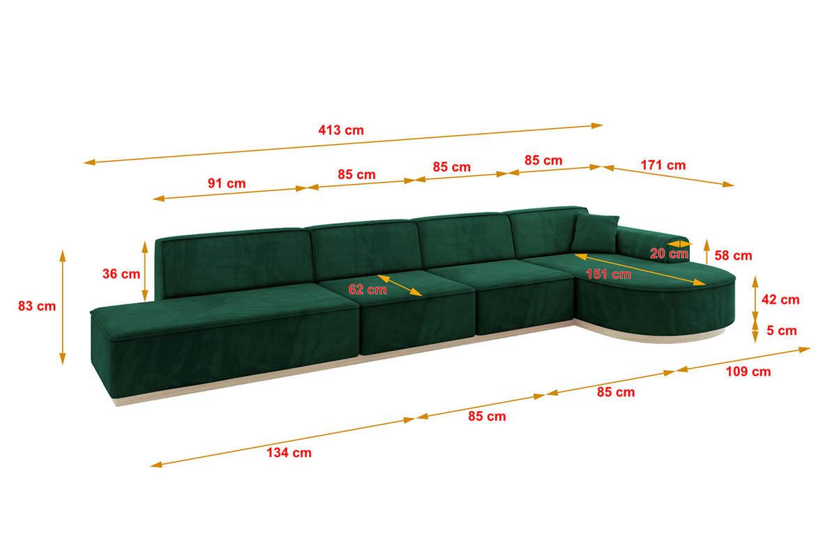ECKSOFA Ottomane Rechts ARRIO-L3 - 413x171x83 cm Dunkelgrün - Grün, Holzwerkstoff/Textil (413/171cm) - ALTDECOR