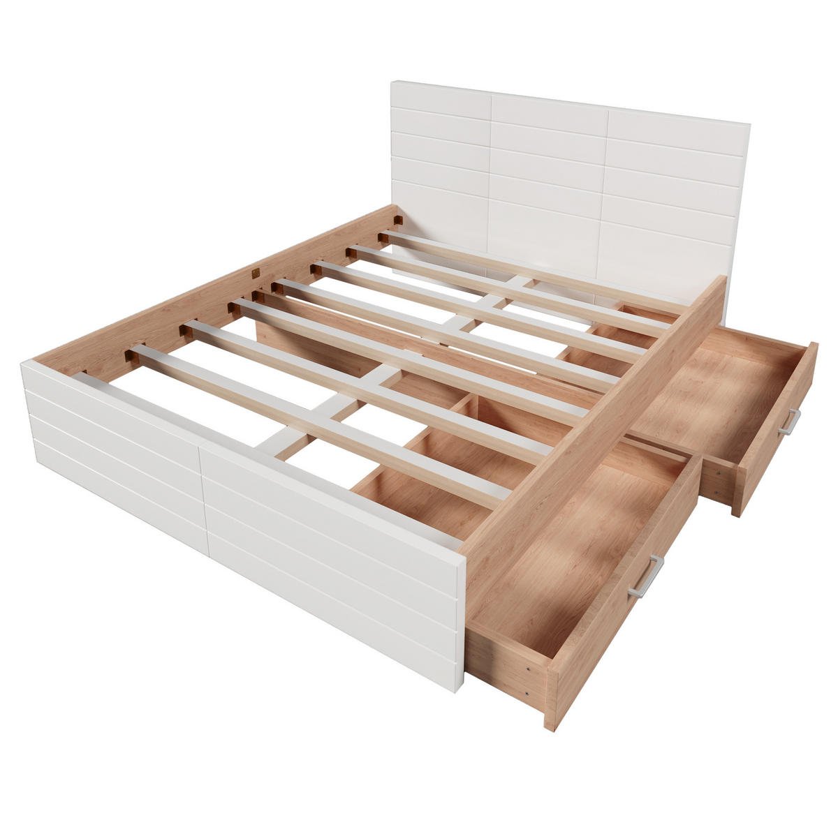 DOPPELBETT 140/200 cm Weiß und Eiche mit 2 Schubladen und Matratze aus Massivholz - Weiß, Holzwerkstoff (140/200cm) - OKWISH
